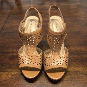 Adrienne Vittadini Tan Heels with Laser-Cut Design